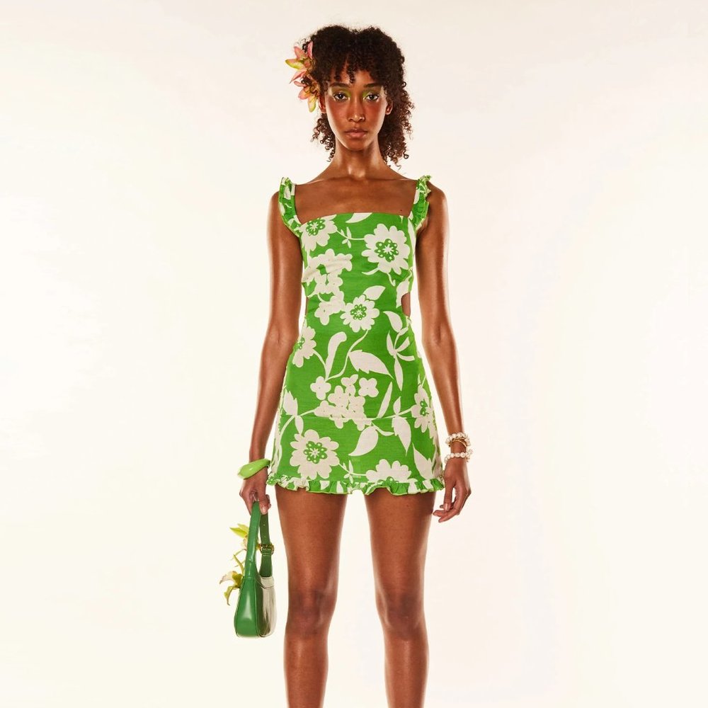 Mirae Paris Kiki Mini Floral Green Dress with Tie Bow Back XS